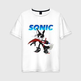 Женская футболка хлопок Oversize с принтом SONIC в городе Новоалтайск, 100% хлопок | свободный крой, круглый ворот, спущенный рукав, длина до линии бедер
 | animal | games | hedgehog | sega | sonic | speed | speed sonic | быстрый ёж | ёж | ёжик | игры | персонаж | сега | синий ёж | скорость | соник