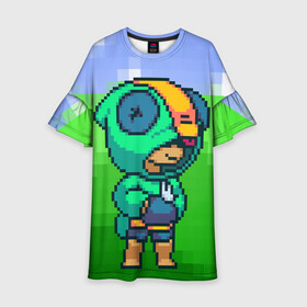 Детское платье 3D с принтом Brawl Stars Leon pixel в городе Новоалтайск, 100% полиэстер | прямой силуэт, чуть расширенный к низу. Круглая горловина, на рукавах — воланы | Тематика изображения на принте: 3x3 | 3на3 | 8бит | android | barley | brawl stars | brawlball | defend | epic brawler | ios | legendary | leon | moba | supercell | броул старт | драка звёзд | леон | моба | суперцелл