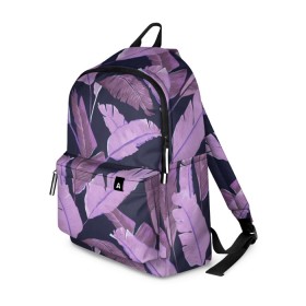 Рюкзак 3D с принтом Tropical leaves 4 purple в городе Новоалтайск, 100% полиэстер | лямки с регулируемой длиной, сверху петелька, чтобы рюкзак можно было повесить на вешалку. Основное отделение закрывается на молнию, как и внешний карман. Внутри два дополнительных кармана, один из которых закрывается на молнию. По бокам два дополнительных кармашка | Тематика изображения на принте: leaves | palms. тропические | tropical | листья | пальмы