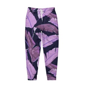 Мужские брюки 3D с принтом Tropical leaves 4 purple в городе Новоалтайск, 100% полиэстер | манжеты по низу, эластичный пояс регулируется шнурком, по бокам два кармана без застежек, внутренняя часть кармана из мелкой сетки | leaves | palms. тропические | tropical | листья | пальмы