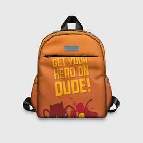 Детский рюкзак 3D с принтом Get your hero on DUDE в городе Новоалтайск, 100% полиэстер | лямки с регулируемой длиной, сверху петелька, чтобы рюкзак можно было повесить на вешалку. Основное отделение закрывается на молнию, как и внешний карман. Внутри дополнительный карман. По бокам два дополнительных кармашка | dude | vdpartat | время приключений | фин и джейк