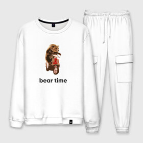 Мужской костюм хлопок с принтом Bear time в городе Новоалтайск, 100% хлопок | на свитшоте круглая горловина, мягкая резинка по низу. Брюки заужены к низу, на них два вида карманов: два “обычных” по бокам и два объемных, с клапанами, расположенные ниже линии бедра. Брюки с мягкой трикотажной резинкой на поясе и по низу штанин. В поясе для дополнительного комфорта — широкие завязки | bear | bear time | bike | moto | motorbike | motorcycle | scooter | медведь | миша | мишка | мопед | мото | мотоцикл