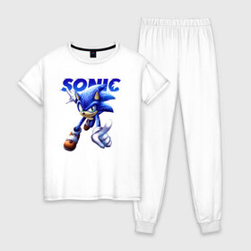 Женская пижама хлопок с принтом SONIC в городе Новоалтайск, 100% хлопок | брюки и футболка прямого кроя, без карманов, на брюках мягкая резинка на поясе и по низу штанин | animal | games | hedgehog | sega | sonic | speed | speed sonic | быстрый ёж | ёж | ёжик | игры | персонаж | сега | синий ёж | скорость | соник