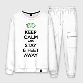 Мужской костюм хлопок с принтом Keep Calm and Stay 6 Feet Away в городе Новоалтайск, 100% хлопок | на свитшоте круглая горловина, мягкая резинка по низу. Брюки заужены к низу, на них два вида карманов: два “обычных” по бокам и два объемных, с клапанами, расположенные ниже линии бедра. Брюки с мягкой трикотажной резинкой на поясе и по низу штанин. В поясе для дополнительного комфорта — широкие завязки | 2019 ncov | biohazard | coronavirus | covid 19 | keep calm | warning | болезнь | вирус | карантин | коронавирус | коронавирусная инфекция | сохраняй дистанцию | эпидемия