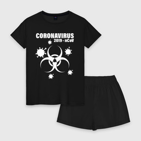 Женская пижама с шортиками хлопок с принтом Coronavirus 2019 - nCoV в городе Новоалтайск, 100% хлопок | футболка прямого кроя, шорты свободные с широкой мягкой резинкой | 2019   ncov | coronaviridae | coronavirus | covid | covid 19 | ncov | sars | virus | арт | биологическая опасность | болезнь | вирус | знак | карантин | корона | коронавирус | короновирус | мем | нков | нсов | пандемия | прикол | символ
