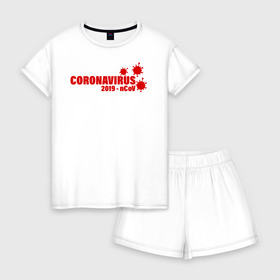Женская пижама с шортиками хлопок с принтом Coronavirus 2019 - nCoV в городе Новоалтайск, 100% хлопок | футболка прямого кроя, шорты свободные с широкой мягкой резинкой | 2019   ncov | coronaviridae | coronavirus | covid | covid 19 | ncov | sars | virus | арт | биологическая опасность | болезнь | вирус | знак | карантин | корона | коронавирус | короновирус | мем | нков | нсов | пандемия | прикол | символ