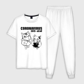 Мужская пижама хлопок с принтом Coronavirus 2019 - nCoV в городе Новоалтайск, 100% хлопок | брюки и футболка прямого кроя, без карманов, на брюках мягкая резинка на поясе и по низу штанин
 | 2019   ncov | coronavirus | covid | covid 19 | ncov | sars | арт | биологическая опасность | болезнь | в маске | вирус | знак | карантин | корона | коронавирус | короновирус | кот | котенок | котэ | кошка | мем | нков | нсо