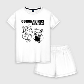 Женская пижама с шортиками хлопок с принтом Coronavirus 2019 - nCoV в городе Новоалтайск, 100% хлопок | футболка прямого кроя, шорты свободные с широкой мягкой резинкой | 2019   ncov | coronavirus | covid | covid 19 | ncov | sars | арт | биологическая опасность | болезнь | в маске | вирус | знак | карантин | корона | коронавирус | короновирус | кот | котенок | котэ | кошка | мем | нков | нсо