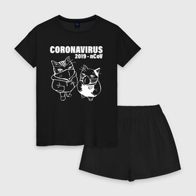 Женская пижама с шортиками хлопок с принтом Coronavirus 2019 - nCoV в городе Новоалтайск, 100% хлопок | футболка прямого кроя, шорты свободные с широкой мягкой резинкой | 2019   ncov | coronavirus | covid | covid 19 | ncov | sars | арт | биологическая опасность | болезнь | в маске | вирус | знак | карантин | корона | коронавирус | короновирус | кот | котенок | котэ | кошка | мем | нков | нсо