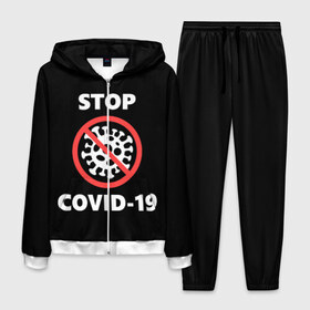 Мужской костюм 3D с принтом STOP COVID-19 (коронавирус) в городе Новоалтайск, 100% полиэстер | Манжеты и пояс оформлены тканевой резинкой, двухслойный капюшон со шнурком для регулировки, карманы спереди | 2019 | biohazard | china | coronavirus | covid 19 | inc | medicine | ncov | ncov19 | ncov2019 | plague | survivor | virus | warning | вирус | китай | коронавирус | медик | медицина