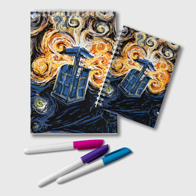 Блокнот с принтом Van Gogh Tardis в городе Новоалтайск, 100% бумага | 48 листов, плотность листов — 60 г/м2, плотность картонной обложки — 250 г/м2. Листы скреплены удобной пружинной спиралью. Цвет линий — светло-серый
 | david tennant | doctor who | jodie whittaker | matt smith | space | tardis | time | время | девид теннант | джоди уиттакер | доктор | доктор кто | космос | мэтт смит | тардис