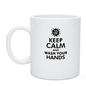 Кружка с принтом Keep calm and wash your hands в городе Новоалтайск, керамика | объем — 330 мл, диаметр — 80 мм. Принт наносится на бока кружки, можно сделать два разных изображения | Тематика изображения на принте: 2019   ncov | coronavirus | covid | covid 19 | ncov | virus | арт | биологическая опасность | болезнь | вирус | знак | карантин | корона | коронавирус | короновирус | мем | мой руки | оставайся дома | пандемия | помой руки