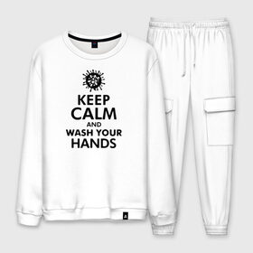 Мужской костюм хлопок с принтом Keep calm and wash your hands в городе Новоалтайск, 100% хлопок | на свитшоте круглая горловина, мягкая резинка по низу. Брюки заужены к низу, на них два вида карманов: два “обычных” по бокам и два объемных, с клапанами, расположенные ниже линии бедра. Брюки с мягкой трикотажной резинкой на поясе и по низу штанин. В поясе для дополнительного комфорта — широкие завязки | 2019   ncov | coronavirus | covid | covid 19 | ncov | virus | арт | биологическая опасность | болезнь | вирус | знак | карантин | корона | коронавирус | короновирус | мем | мой руки | оставайся дома | пандемия | помой руки