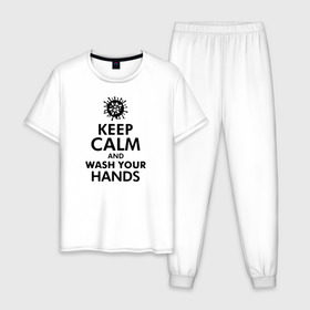 Мужская пижама хлопок с принтом Keep calm and wash your hands в городе Новоалтайск, 100% хлопок | брюки и футболка прямого кроя, без карманов, на брюках мягкая резинка на поясе и по низу штанин
 | 2019   ncov | coronavirus | covid | covid 19 | ncov | virus | арт | биологическая опасность | болезнь | вирус | знак | карантин | корона | коронавирус | короновирус | мем | мой руки | оставайся дома | пандемия | помой руки