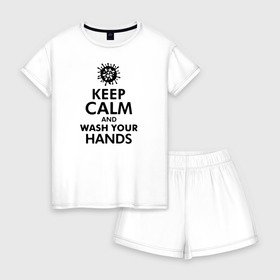 Женская пижама с шортиками хлопок с принтом Keep calm and wash your hands в городе Новоалтайск, 100% хлопок | футболка прямого кроя, шорты свободные с широкой мягкой резинкой | 2019   ncov | coronavirus | covid | covid 19 | ncov | virus | арт | биологическая опасность | болезнь | вирус | знак | карантин | корона | коронавирус | короновирус | мем | мой руки | оставайся дома | пандемия | помой руки