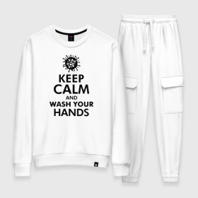 Женский костюм хлопок с принтом Keep calm and wash your hands в городе Новоалтайск, 100% хлопок | на свитшоте круглая горловина, мягкая резинка по низу. Брюки заужены к низу, на них два вида карманов: два 