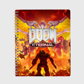 Тетрадь с принтом DOOM Eternal в городе Новоалтайск, 100% бумага | 48 листов, плотность листов — 60 г/м2, плотность картонной обложки — 250 г/м2. Листы скреплены сбоку удобной пружинной спиралью. Уголки страниц и обложки скругленные. Цвет линий — светло-серый
 | Тематика изображения на принте: doom eternal | esport | game | дорога в ад | дум | дум энтернал | игра | кибердемон | киберспорт | тир