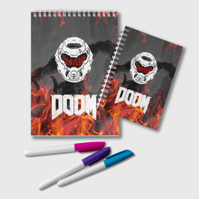 Блокнот с принтом DOOM ETERNAL в городе Новоалтайск, 100% бумага | 48 листов, плотность листов — 60 г/м2, плотность картонной обложки — 250 г/м2. Листы скреплены удобной пружинной спиралью. Цвет линий — светло-серый
 | demons | devil | doom | doom eternal | doom slayer | hell | slayer | ад | демоны | дум