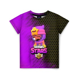 Детская футболка 3D с принтом Brawl Stars Sandy в городе Новоалтайск, 100% гипоаллергенный полиэфир | прямой крой, круглый вырез горловины, длина до линии бедер, чуть спущенное плечо, ткань немного тянется | brawl stars | brawl stars sandy | legendary brawler | leon | leon shark | sandy | shark | stars | акула | бравл стар сэнди | леон акула | сенди | сэнди