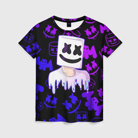 Женская футболка 3D с принтом Marshmello в городе Новоалтайск, 100% полиэфир ( синтетическое хлопкоподобное полотно) | прямой крой, круглый вырез горловины, длина до линии бедер | 2020 | cs | dj | fortnite | game | marshmello | music | neon | pubg | бомбы | ведро | ди джей | игра | краски | марш | маршмелло | музыка | неон | скин | форт | фортн | фортнайт | человек