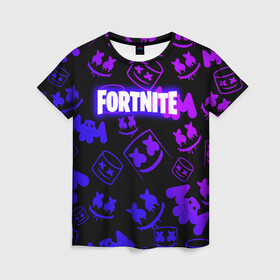 Женская футболка 3D с принтом FORTNITE MARSHMELLO в городе Новоалтайск, 100% полиэфир ( синтетическое хлопкоподобное полотно) | прямой крой, круглый вырез горловины, длина до линии бедер | 2020 | cs | dj | fortnite | game | marshmello | music | neon | pubg | бомбы | ведро | ди джей | игра | краски | марш | маршмелло | музыка | неон | скин | форт | фортн | фортнайт | человек