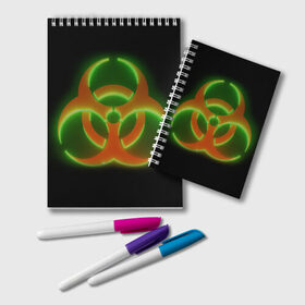 Блокнот с принтом Biohazard Neon в городе Новоалтайск, 100% бумага | 48 листов, плотность листов — 60 г/м2, плотность картонной обложки — 250 г/м2. Листы скреплены удобной пружинной спиралью. Цвет линий — светло-серый
 | Тематика изображения на принте: биохазард | будь здоров | заражение | здоровье | коронавирус | короновирус | маска | медицинская маска | не болей | опасность | пандемия | профилактика | респиратор | эпидемия
