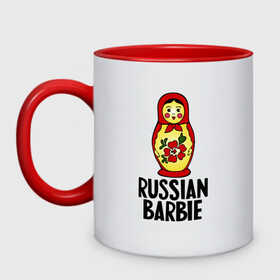 Кружка двухцветная с принтом Russian barbie в городе Новоалтайск, керамика | объем — 330 мл, диаметр — 80 мм. Цветная ручка и кайма сверху, в некоторых цветах — вся внутренняя часть | Тематика изображения на принте: barbie | russian | russian barbie | барби | матрёшка | русская барби