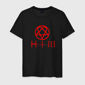 Мужская футболка хлопок с принтом  HIM LOGO RED в городе Новоалтайск, 100% хлопок | прямой крой, круглый вырез горловины, длина до линии бедер, слегка спущенное плечо. | him | music | rock | ville hermanni valo | вало | вилли | готик метал | готик рок | лав метал | рок | хим