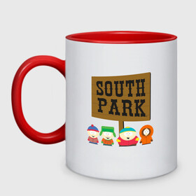 Кружка двухцветная с принтом South Park. в городе Новоалтайск, керамика | объем — 330 мл, диаметр — 80 мм. Цветная ручка и кайма сверху, в некоторых цветах — вся внутренняя часть | south park | американская культура | американский мультсериал | колорадо | пародия | саус парк | саут парк | черный юмор | четыре мальчика | шоу | южный парк