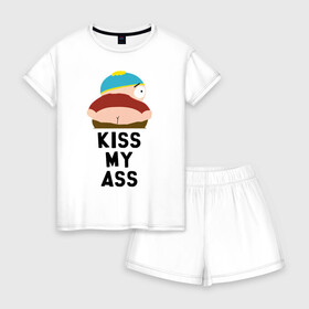 Женская пижама с шортиками хлопок с принтом KISS MY ASS в городе Новоалтайск, 100% хлопок | футболка прямого кроя, шорты свободные с широкой мягкой резинкой | cartman | kenny | park | south | southpark | картман | кенни | мульт | мультик | парк | персонаж | персонажи | сериал | южный