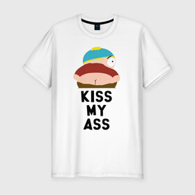 Мужская футболка хлопок Slim с принтом KISS MY ASS в городе Новоалтайск, 92% хлопок, 8% лайкра | приталенный силуэт, круглый вырез ворота, длина до линии бедра, короткий рукав | cartman | kenny | park | south | southpark | картман | кенни | мульт | мультик | парк | персонаж | персонажи | сериал | южный
