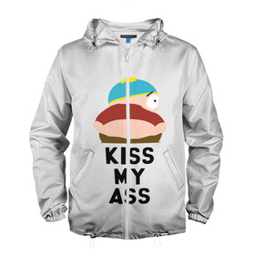 Мужская ветровка 3D с принтом Kiss My Ass в городе Новоалтайск, 100% полиэстер | подол и капюшон оформлены резинкой с фиксаторами, два кармана без застежек по бокам, один потайной карман на груди | Тематика изображения на принте: cartman | kenny | park | south | southpark | картман | кенни | мульт | мультик | парк | персонаж | персонажи | сериал | южный