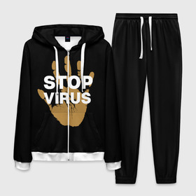 Мужской костюм 3D с принтом Stop Virus в городе Новоалтайск, 100% полиэстер | Манжеты и пояс оформлены тканевой резинкой, двухслойный капюшон со шнурком для регулировки, карманы спереди | Тематика изображения на принте: coronavirus | covid 19 | covid19 | virus | бактерии | болезнь | будь здоров | вирус | заболел | здоровье | инфекция | коронавирус | лечение | надпись | пандемия