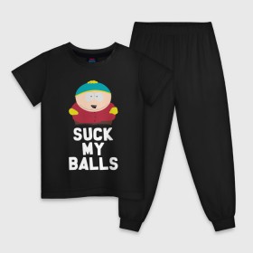 Детская пижама хлопок с принтом Suck My Balls в городе Новоалтайск, 100% хлопок |  брюки и футболка прямого кроя, без карманов, на брюках мягкая резинка на поясе и по низу штанин
 | Тематика изображения на принте: cartman | kenny | park | south | southpark | картман | кенни | мульт | мультик | парк | персонаж | персонажи | сериал | южный