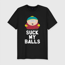 Мужская футболка хлопок Slim с принтом Suck My Balls в городе Новоалтайск, 92% хлопок, 8% лайкра | приталенный силуэт, круглый вырез ворота, длина до линии бедра, короткий рукав | cartman | kenny | park | south | southpark | картман | кенни | мульт | мультик | парк | персонаж | персонажи | сериал | южный