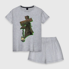 Женская пижама с шортиками хлопок с принтом Чумной доктор в городе Новоалтайск, 100% хлопок | футболка прямого кроя, шорты свободные с широкой мягкой резинкой | Тематика изображения на принте: coronavirus | covid | covid 19 | ncov | ncov 19 | ворон | доктор | коронавирус | коронавирус прикол | короновирус | чума | чумной доктор | эпидемия