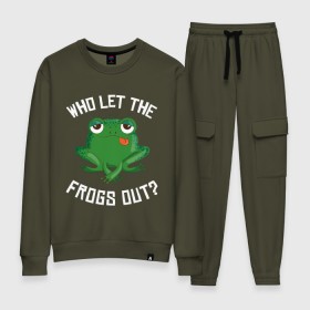 Женский костюм хлопок с принтом Who let the frogs out? в городе Новоалтайск, 100% хлопок | на свитшоте круглая горловина, мягкая резинка по низу. Брюки заужены к низу, на них два вида карманов: два 