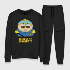 Женский костюм хлопок с принтом South Park, Эрик Картман в городе Новоалтайск, 100% хлопок | на свитшоте круглая горловина, мягкая резинка по низу. Брюки заужены к низу, на них два вида карманов: два 