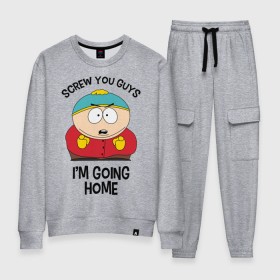Женский костюм хлопок с принтом South Park, Эрик Картман в городе Новоалтайск, 100% хлопок | на свитшоте круглая горловина, мягкая резинка по низу. Брюки заужены к низу, на них два вида карманов: два 