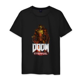 Мужская футболка хлопок с принтом DOOM ETERNAL в городе Новоалтайск, 100% хлопок | прямой крой, круглый вырез горловины, длина до линии бедер, слегка спущенное плечо. | demons | devil | doom | doom eternal | doom guy | doom slayer | hell | slayer | ад | демоны | дум | палач рока