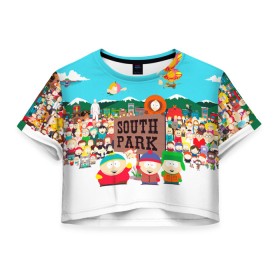 Женская футболка Crop-top 3D с принтом South Park в городе Новоалтайск, 100% полиэстер | круглая горловина, длина футболки до линии талии, рукава с отворотами | south park | sp | батерс | баттерс | гарисон | енот | кайл  брофловски | картман | кеннет | кенни | маки | макки | маккормик | марш | мистер | мистереон | мультфильм | полотенчик | ренди | саус парк | сауспарк