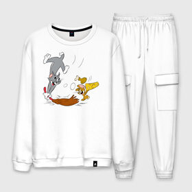 Мужской костюм хлопок с принтом Tom&Jerry в городе Новоалтайск, 100% хлопок | на свитшоте круглая горловина, мягкая резинка по низу. Брюки заужены к низу, на них два вида карманов: два “обычных” по бокам и два объемных, с клапанами, расположенные ниже линии бедра. Брюки с мягкой трикотажной резинкой на поясе и по низу штанин. В поясе для дополнительного комфорта — широкие завязки | Тематика изображения на принте: spike | tom  jerry | tom and jerry | tomjerry | tuffy | vdgerir | мамочка два тапочка | том и джери | том и джерри