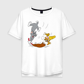 Мужская футболка хлопок Oversize с принтом Tom&Jerry в городе Новоалтайск, 100% хлопок | свободный крой, круглый ворот, “спинка” длиннее передней части | spike | tom  jerry | tom and jerry | tomjerry | tuffy | vdgerir | мамочка два тапочка | том и джери | том и джерри