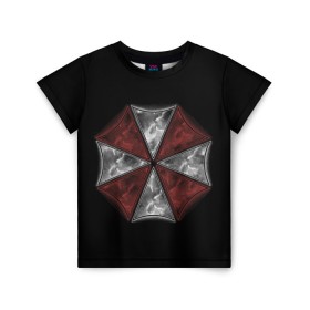 Детская футболка 3D с принтом Umbrella Corporation в городе Новоалтайск, 100% гипоаллергенный полиэфир | прямой крой, круглый вырез горловины, длина до линии бедер, чуть спущенное плечо, ткань немного тянется | 2 | biohazard | claire | evil | horror | raccoon | resident | survival | t virus | t вирус | выживание | зла | кеннеди | клэр | леон | обитель | раккун | редфилд | скотт | ужас