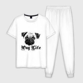 Мужская пижама хлопок с принтом Pug life в городе Новоалтайск, 100% хлопок | брюки и футболка прямого кроя, без карманов, на брюках мягкая резинка на поясе и по низу штанин
 | Тематика изображения на принте: pug life | арт | животные | мопс | собака | собачья жизнь