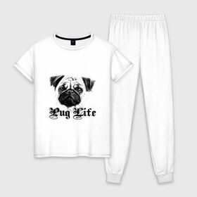 Женская пижама хлопок с принтом Pug life в городе Новоалтайск, 100% хлопок | брюки и футболка прямого кроя, без карманов, на брюках мягкая резинка на поясе и по низу штанин | pug life | арт | животные | мопс | собака | собачья жизнь