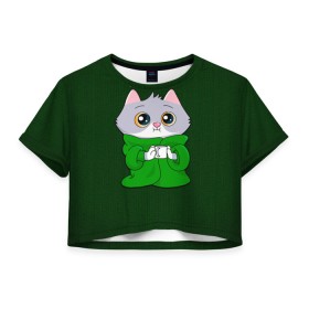 Женская футболка Crop-top 3D с принтом На карантине в городе Новоалтайск, 100% полиэстер | круглая горловина, длина футболки до линии талии, рукава с отворотами | cat | в пледе | дома | карантин | кот | кот в пледе | котенок | котик | на карантине | сберкот | сберкот с кружкой | сидим дома | сижу дома | стикер
