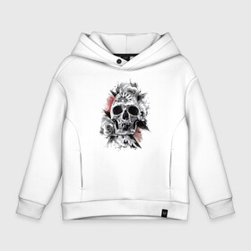 Детское худи Oversize хлопок с принтом Skull в городе Новоалтайск, френч-терри — 70% хлопок, 30% полиэстер. Мягкий теплый начес внутри —100% хлопок | боковые карманы, эластичные манжеты и нижняя кромка, капюшон на магнитной кнопке | Тематика изображения на принте: flower | grin | jaw | orbits | rose | skull | teeth | глазницы | зубы | оскал | пасть | роза | цветок | череп