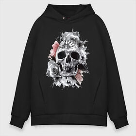 Мужское худи Oversize хлопок с принтом Skull в городе Новоалтайск, френч-терри — 70% хлопок, 30% полиэстер. Мягкий теплый начес внутри —100% хлопок | боковые карманы, эластичные манжеты и нижняя кромка, капюшон на магнитной кнопке | Тематика изображения на принте: flower | grin | jaw | orbits | rose | skull | teeth | глазницы | зубы | оскал | пасть | роза | цветок | череп