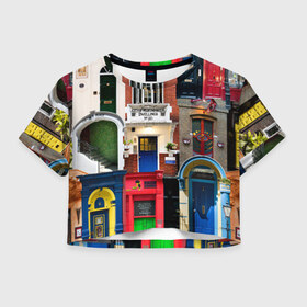 Женская футболка Crop-top 3D с принтом London doors цифровой коллаж в городе Новоалтайск, 100% полиэстер | круглая горловина, длина футболки до линии талии, рукава с отворотами | англия | архитектура | великобритания | двери | дверь | лондон | окно | проем | туризм | цифровой коллаж